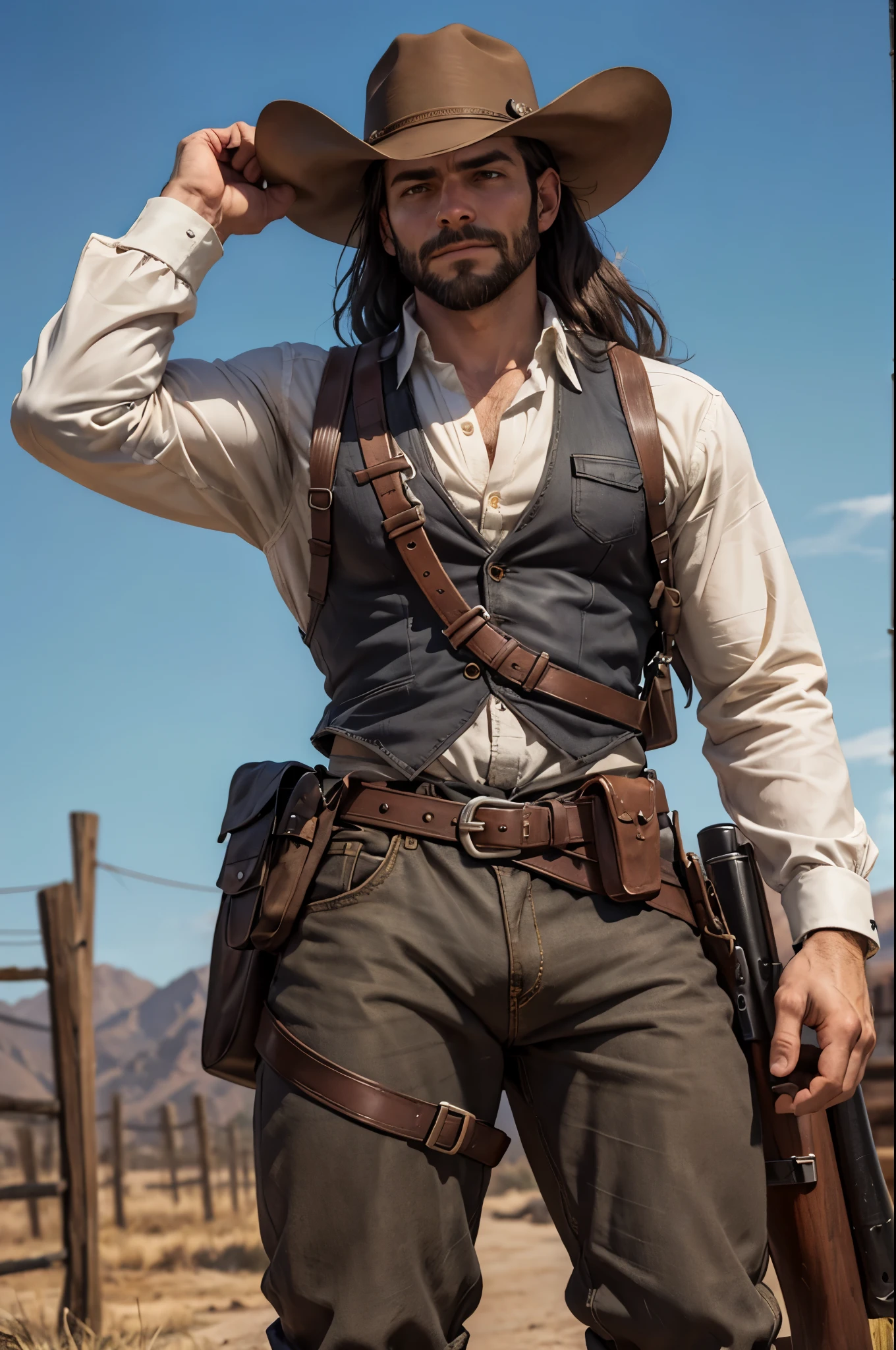 un hombre de 35 años, con una increíble barba corta en negro, pelo largo y liso también en negro, destacando sus impresionantes ojos azules y su atractivo cuerpo., inmerso en un entorno occidental inspirado en Red Dead, vistiendo un auténtico traje de vaquero y con una pistola enfundada. ilustración, estilo dibujado a mano con detalles minuciosos, --con 16:9-a las 5