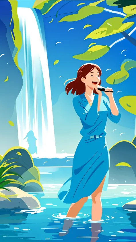beautiful women singing a song, water fall behind, sunlight faling her face, musical notes raining form sky, birds flying
