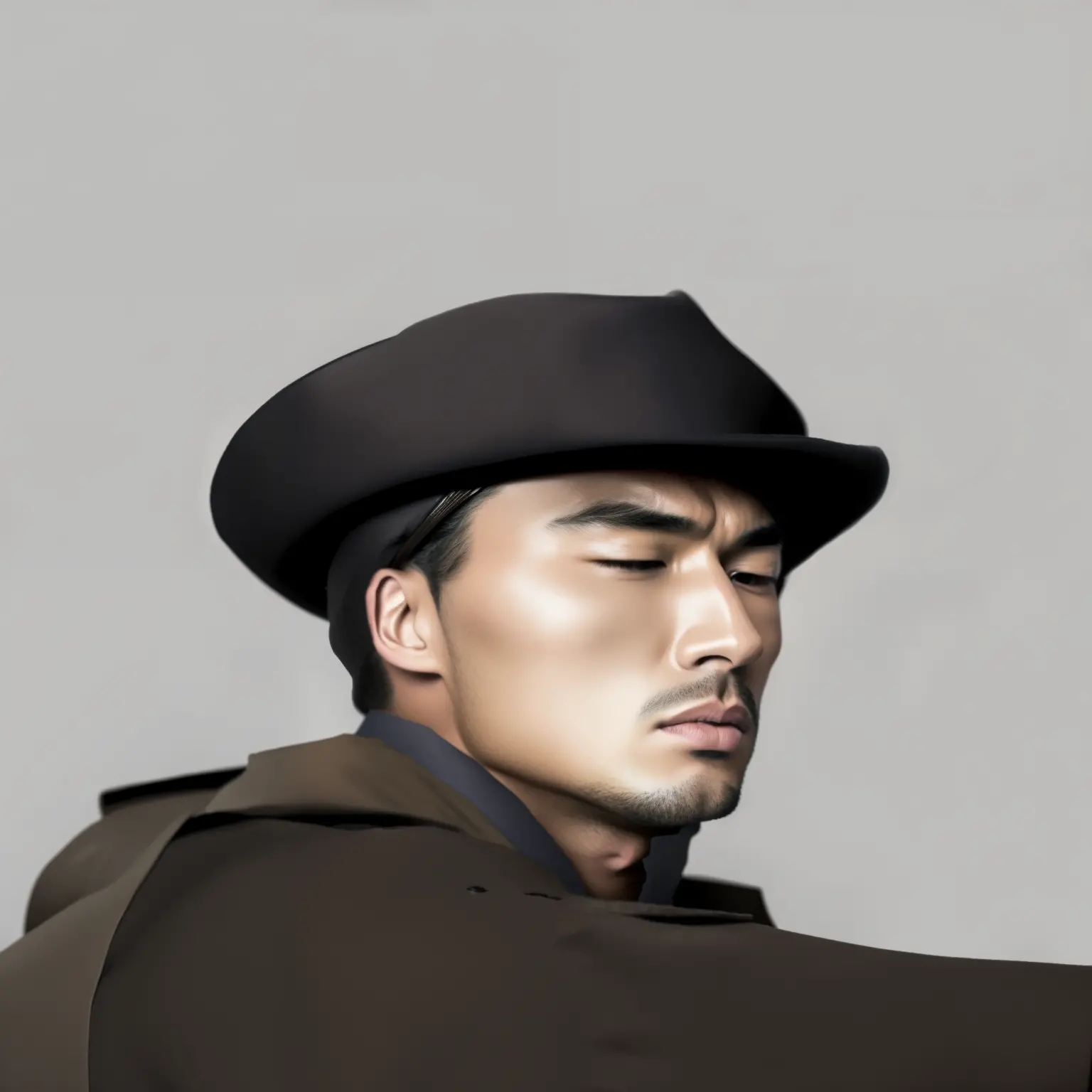 one wearing a hat and coat、Close-up of a man with a gun, Frowning，Eyebrows raised，lips closed，Looks anxious，