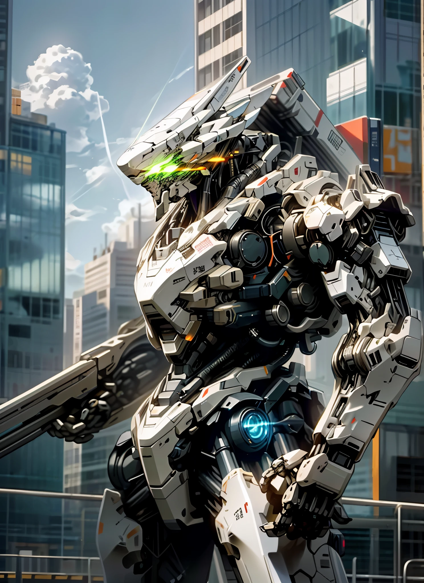 sky, cloud, holding_weapon, no_humans, glowing, , robot, building, glowing_eyes, mecha, science_fiction, city, realistic,mecha, chrome biggest robot 