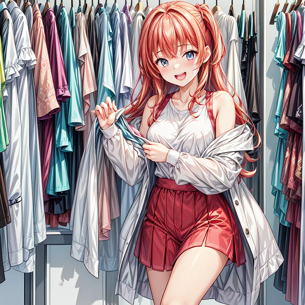 (best quality,high resolution:1.2), anime style, Cute girl changing clothes scene, (she is laughing while changing her clothes:1...