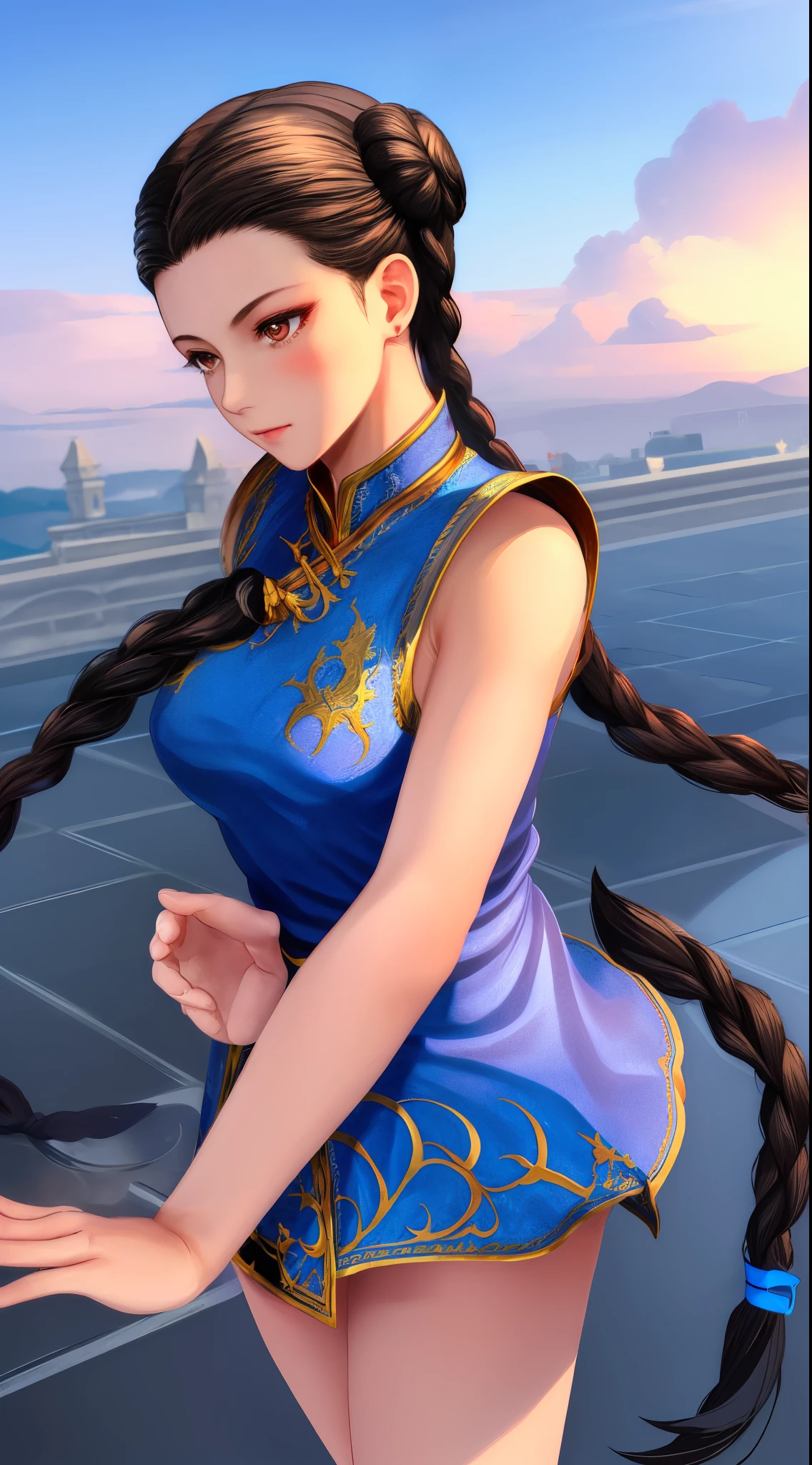 Paichang, single braid with blue ribbon, brown eyes, double bun,black hair,Are standing, alone , Upper body,  combat readiness, 
Paiati,White dress clothes, Red band, mini skirt、white panties、, sleeve less,
marble floor, blue sky, cloudy, evening,
(Extremely detailed, beautiful detailed face, masterpiece, highest quality)    