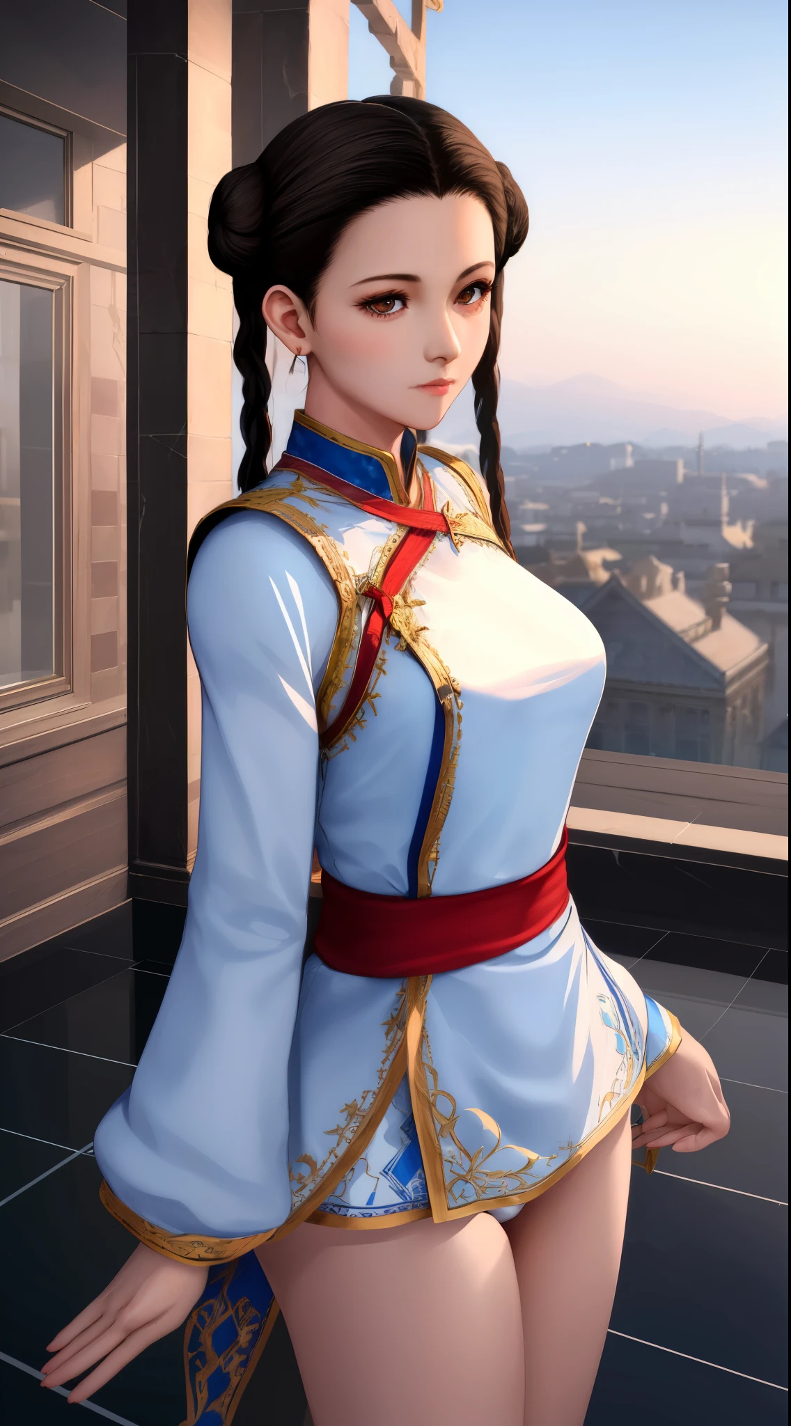 Paichang, single braid with blue ribbon, brown eyes, double bun,black hair,Are standing, alone , Upper body,  combat readiness, 
Paiati,White dress clothes, Red band, mini skirt、white panties、, sleeve less,
marble floor, blue sky, cloudy, evening,
(Extremely detailed, beautiful detailed face, masterpiece, highest quality)    