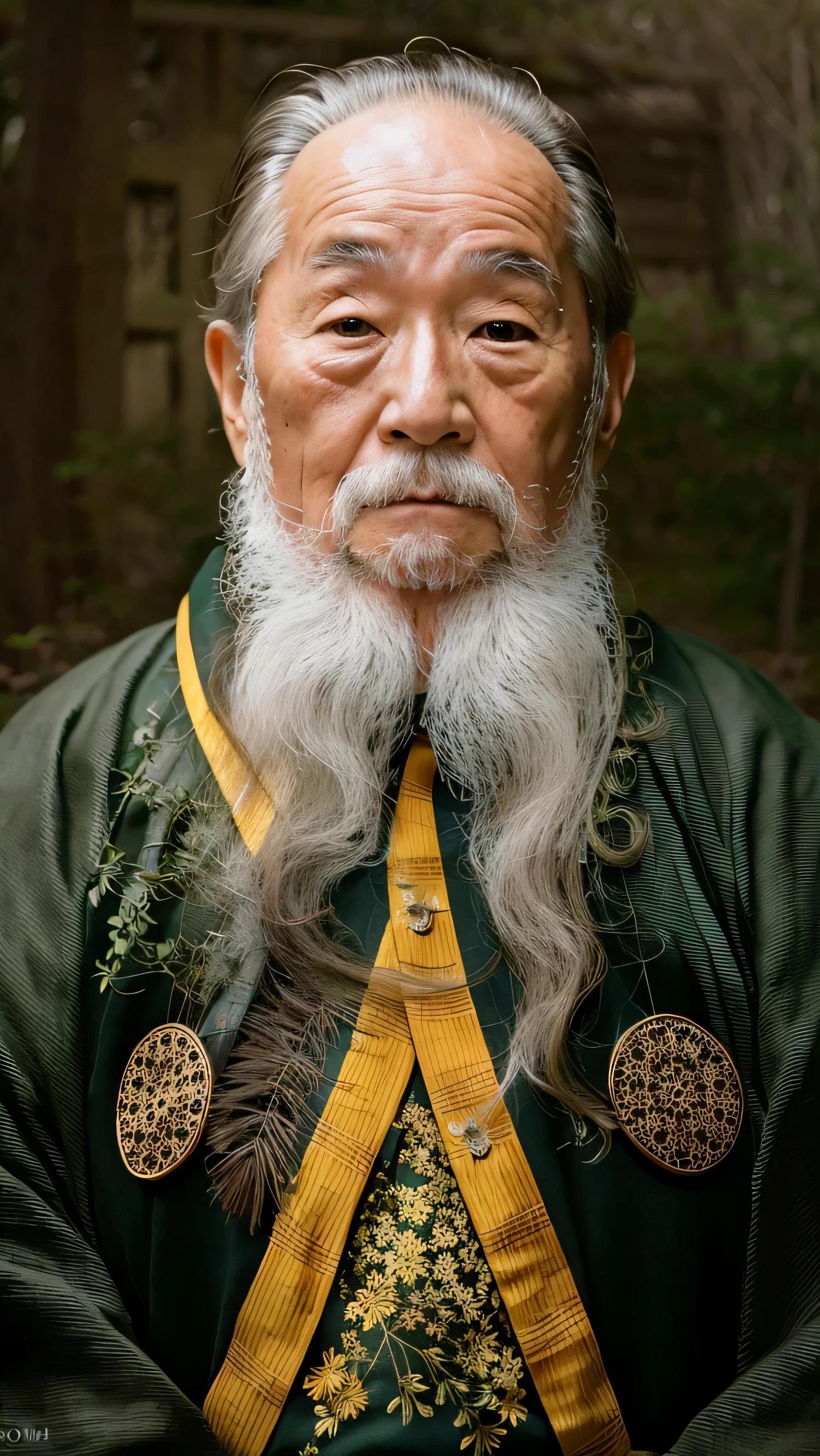 um velho de manto，fechar-se，tiro certeiro，sob árvores verdes，sol suave，Resolução 4k，cores brilhantes，Qualidade de imagem detalhada，Detalhes HD，fotografia japonesa，câmera facial
