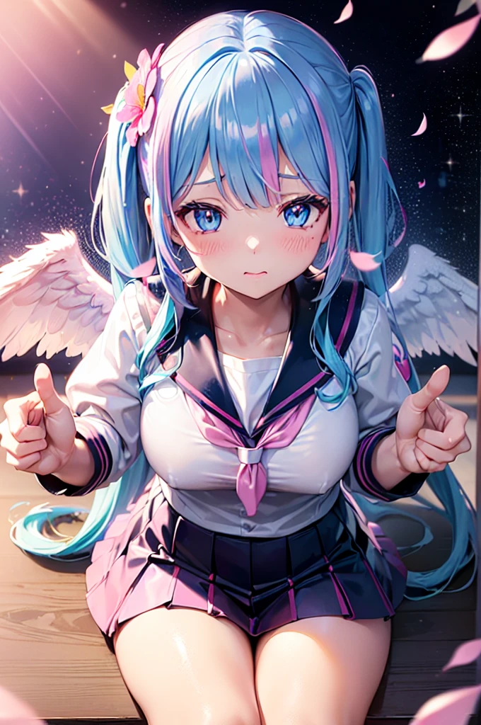 (((uniforme escolar multicolorido de látex escrevendo menina na sala de aula)))、pose sexy、twintails muito longos、Cabelo Azul Claro、((asas de anjo))、((marca de coração))、(Decoração dourada)、(((Decoração floral)))、olhos azuis、Sente-se、((pétalas de flores flutuantes、BRILHO、Trilha da Luz Rosa、Bokeh))