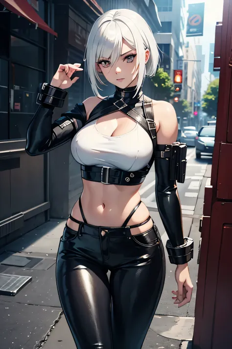 araffed woman in leather pants and a white top posing for a picture, tifa lockhart with white hair, perfect white haired girl, p...