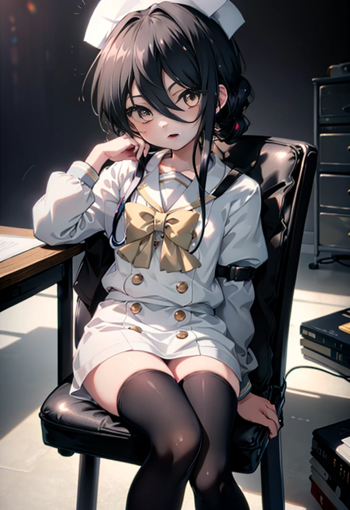 masterpiece, highest quality,Highly detailed CG Unity 8K wallpaper, 
1 girl,Shana,black hair,brown eyes,smile,nurse uniform,Nurse hat,White tights,office,Looking at medical records,I have my hair tied back in a round shape.,sitting cross-legged on a chair
