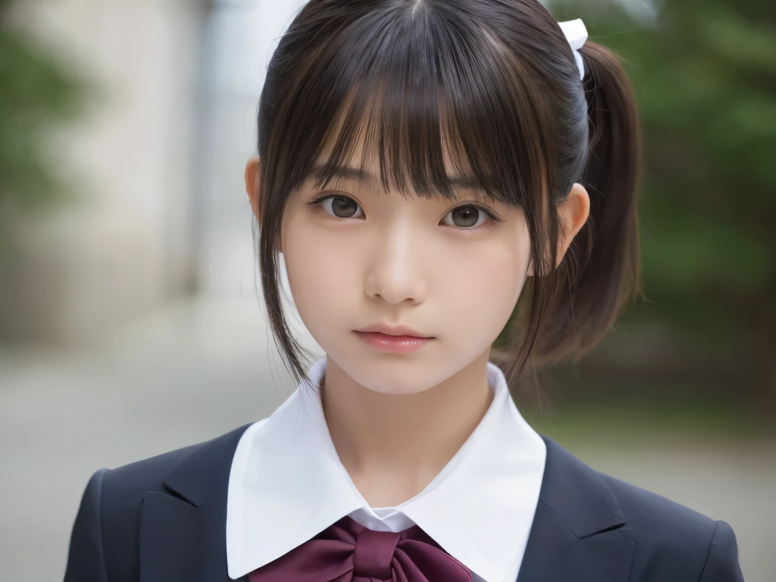 1 girl, alone, japanese girl, 12 years old, (highest quality, realistic, High resolution, 8K, super detailed, detailed face, shiny skin), japanese school uniform, collared shirt, white shirt, ribbon tie, black hair, choppy bangs, ponytail,Staring into the distance