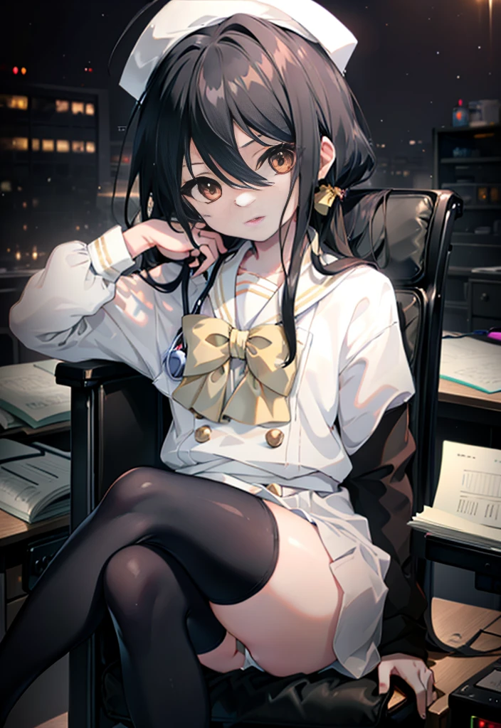 masterpiece, highest quality,Highly detailed CG Unity 8K wallpaper, 
1 girl,Shana,black hair,brown eyes,close your mouth,smile,nurse uniform,Nurse hat,White tights,office,Looking at medical records,I have my hair tied back in a round shape.,sitting cross-legged on a chair
