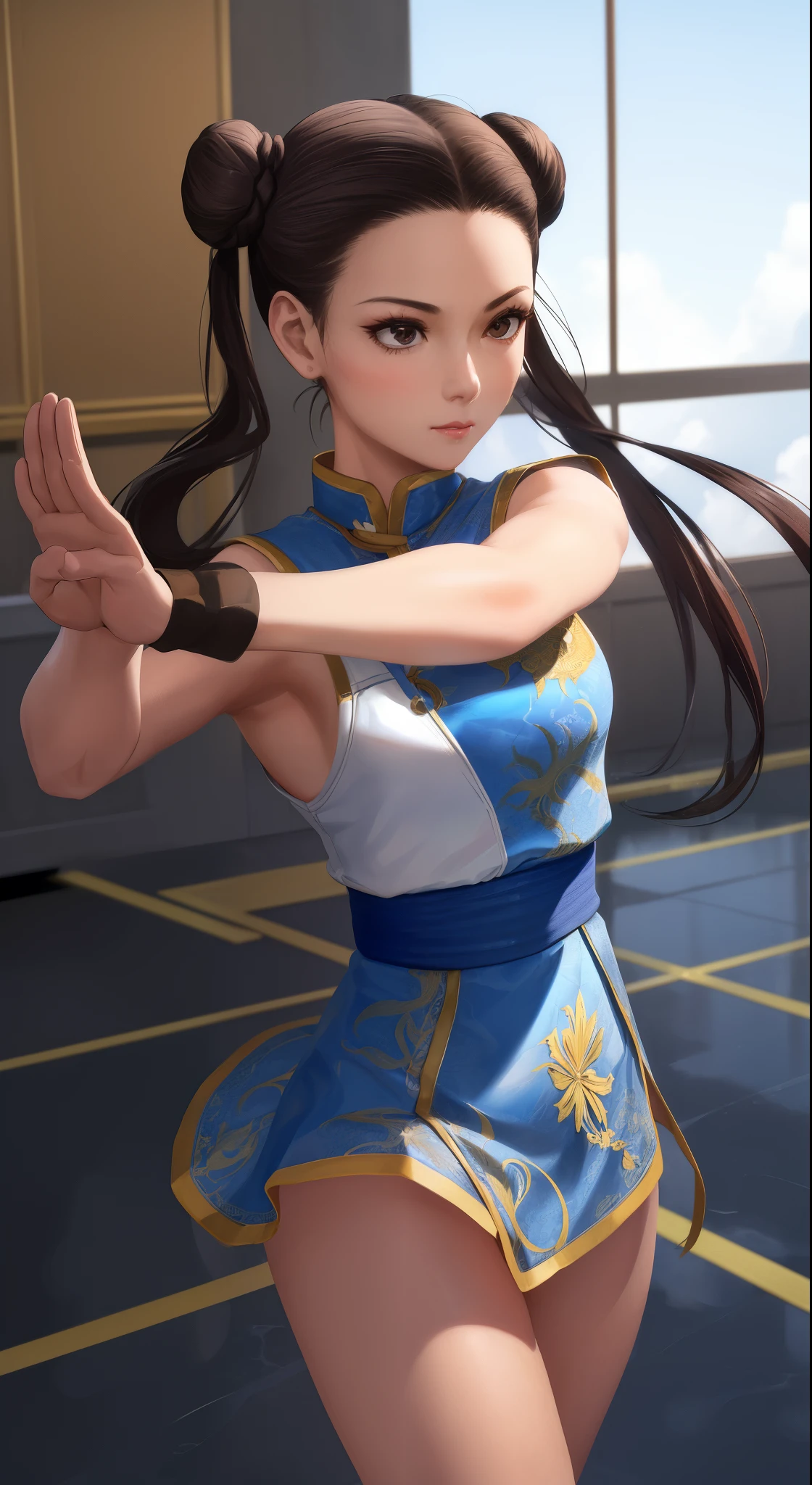 Paichang, Blue ribbon ponytail, brown eyes, double bun,bright hair,Kungfu pose standing, alone , ,  combat readiness, 
Paiati,White Mini Cheongsam, band, mini skirt、white panties、, sleeve less,
marble floor, blue sky, cloudy, evening,
(Extremely detailed, beautiful detailed face, masterpiece, highest quality)    