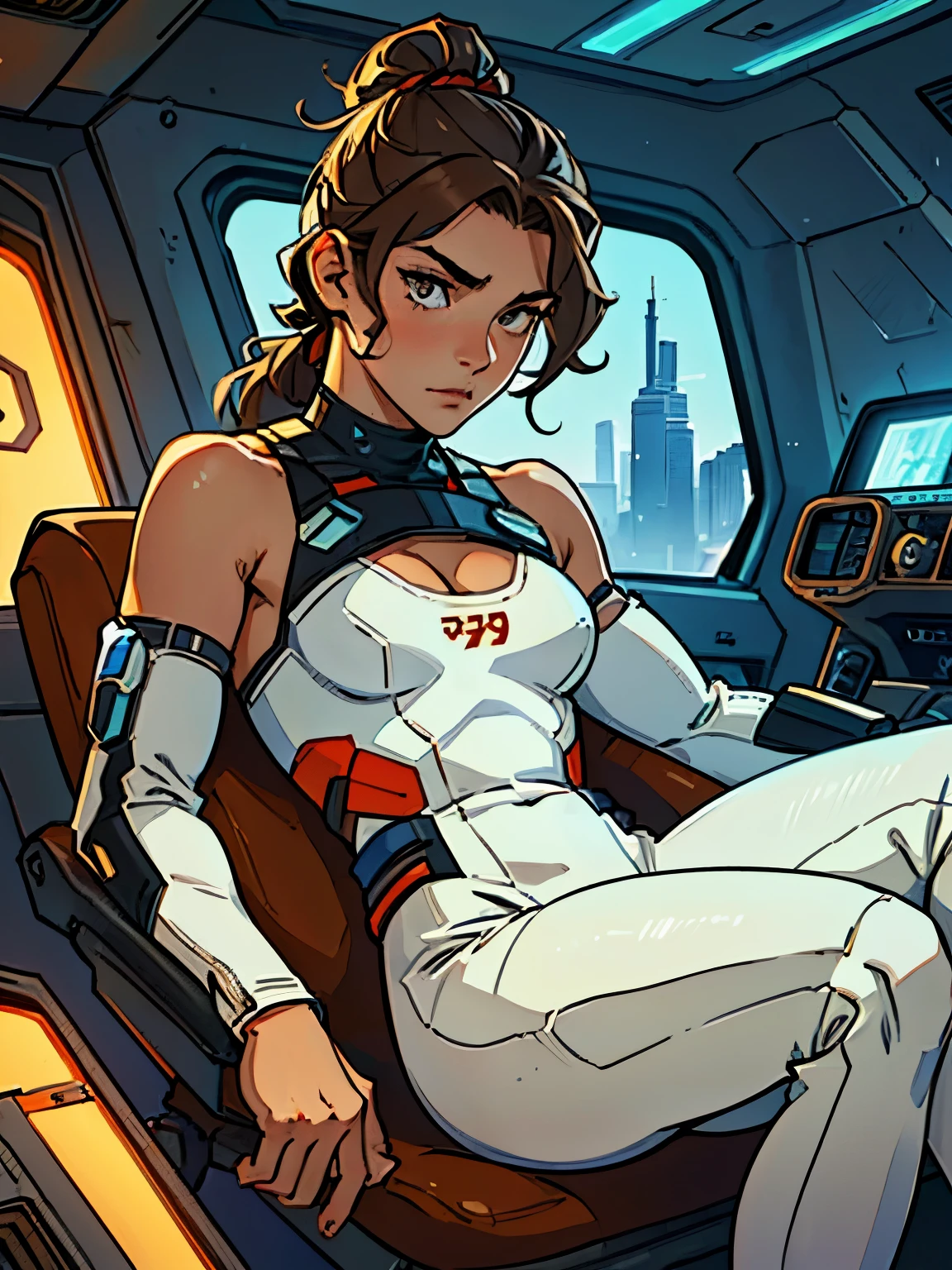 (Caucasian teenager), 18 years old, hazel eyes, (wavy brown hair), (hair tied back), medium hair, small breasts. She wears a white sci-fi suit, bare shoulders, cleavage, solo. She is in a spaceship resting, relaxing. Day