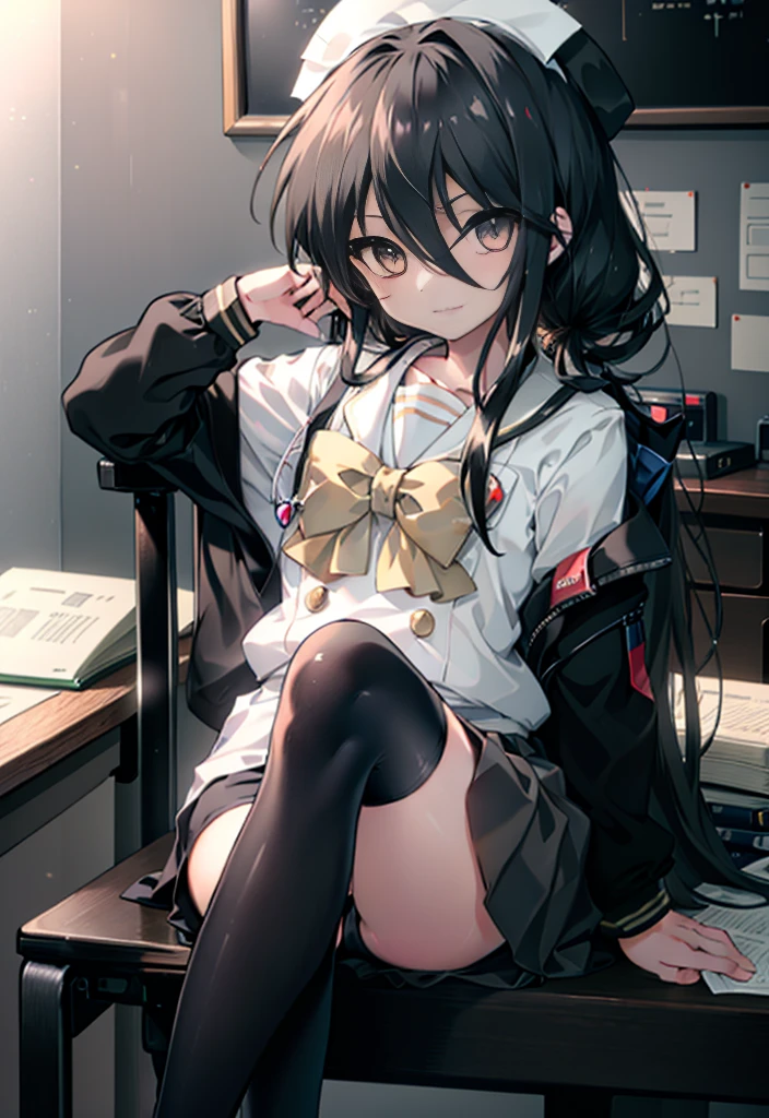 masterpiece, highest quality,Highly detailed CG Unity 8K wallpaper, 
1 girl,Shana,black hair,brown eyes,close your mouth,smile,nurse uniform,Nurse hat,White tights,office,Looking at medical records,I have my hair tied back in a round shape.,sitting cross-legged on a chair
