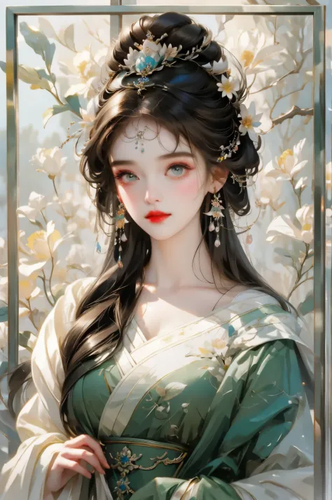 Close up of woman wearing flower headdress and mirror, beautiful fantasy queen, ((beautiful fantasy queen)), beautiful figure pa...