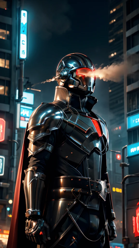 Man in a futuristic mechanical helmet and mechanical armored armor and with a red cape and closed fists coming out of smoke and a serious and very serious pose and a city background with giant buildings and neon style advertisements for ramen and destroyed cars in the background