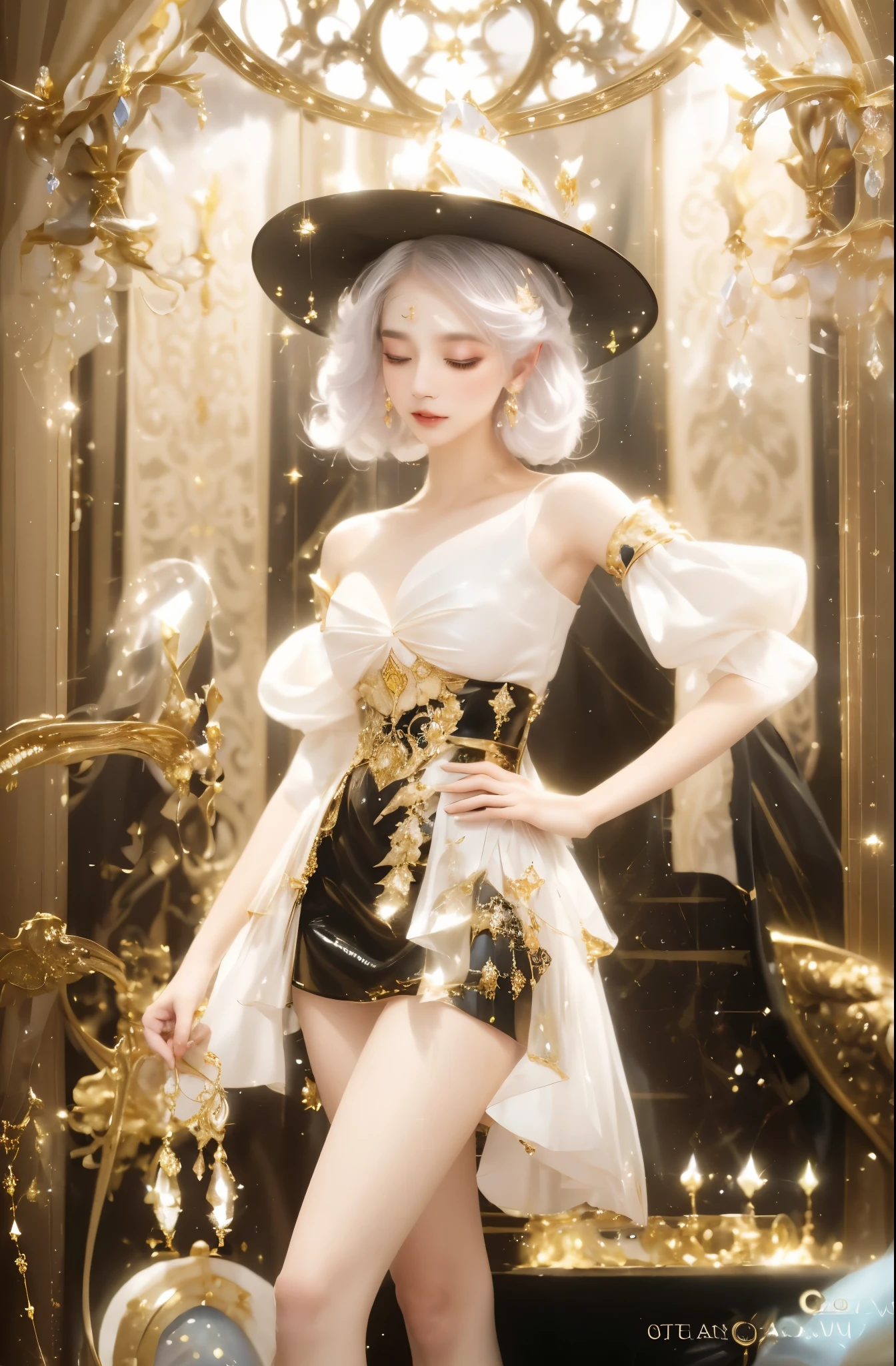 real person，Close-up of a woman wearing a skirt and hat, fantasy costumes, Dress up in dreamy formal attire, Fantasy style clothing, Moon themed clothing, beautiful fantasy queen, Popular topics on cgstation, gold plated clothing, ethereal fantasy, ((beautiful fantasy queen)), Astral Witch Clothes, Imperial royal elegant clothing, rococo cyberpunk, intricate clothing, clear outfit design
