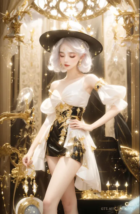 real person，Close-up of a woman wearing a skirt and hat, fantasy costumes, Dress up in dreamy formal attire, Fantasy style clothing, Moon themed clothing, beautiful fantasy queen, Popular topics on cgstation, gold plated clothing, ethereal fantasy, ((beaut...