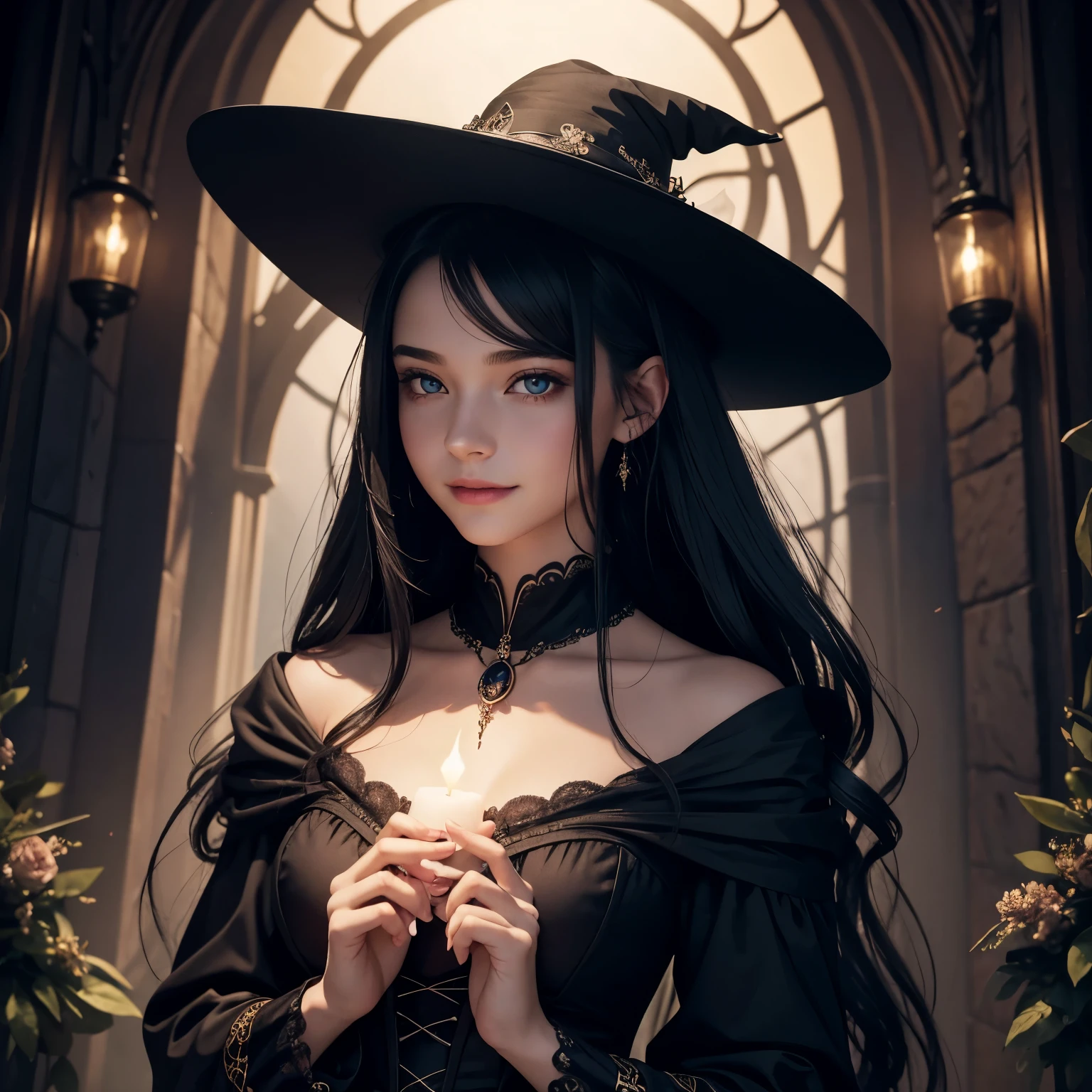 Witch with black hat and black dress holding a candle - SeaArt AI