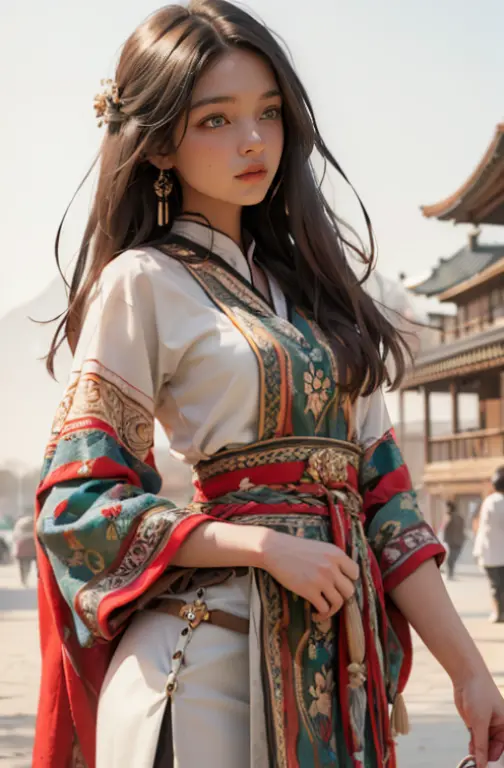 female guan yu, fantasy theme, beautiful, huge eyes, cute, skinny, small waist, small hip, gigantic droopy breasts:1.7, realisti...