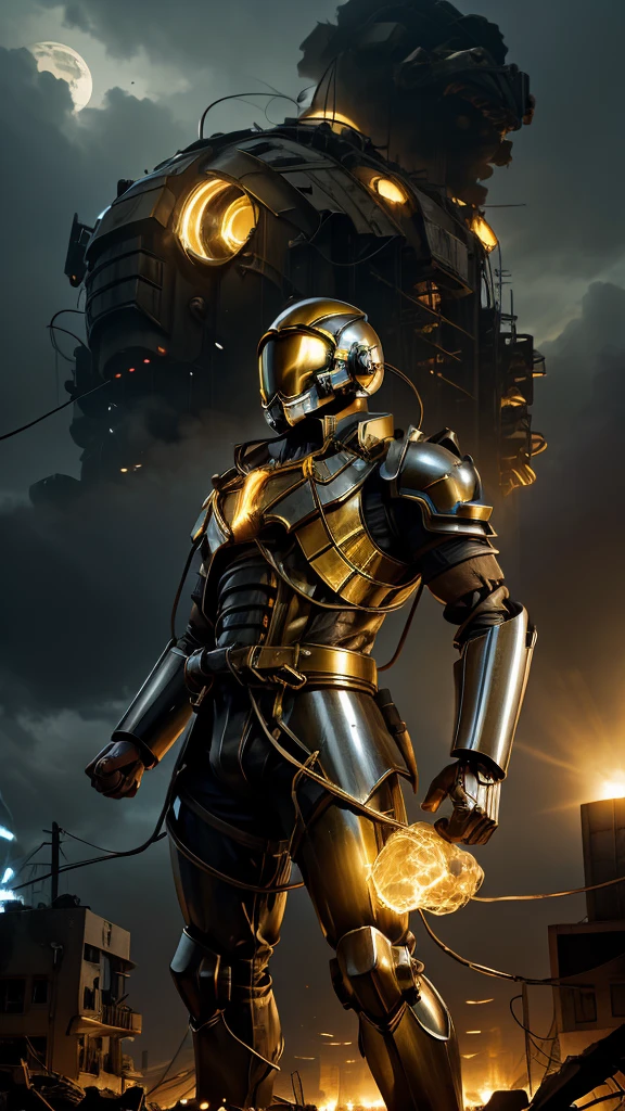 Giant creature with a mechanical helmet with yellow lights and mechanical armor with yellow lights and firm, closed fists and electrical wires on the red armor and a destroyed mini city with lots of smoke coming out and a cloudy sky and raining 