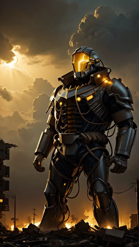 giant creature with a mechanical helmet with yellow lights and mechanical armor with yellow lights and firm, closed fists and el...