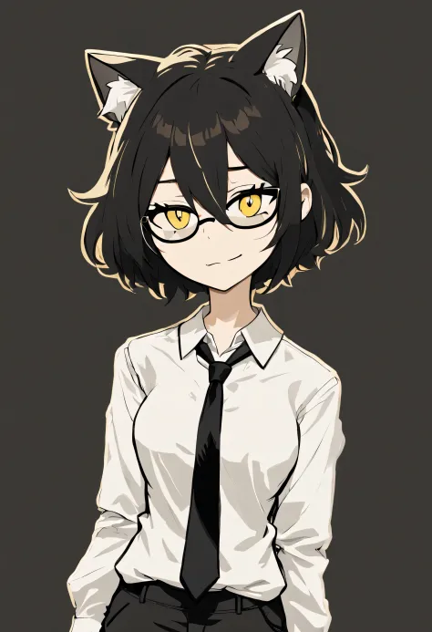masterpiece, best quality, hires, high resolution, TCOAAL, white outline, bold outline, dark background, yellow eyes, black hair, 1girl, solo, monochrome:0.1, (white short-sleeved uniform:0.5), brown paper, smile, short black bob hair, yellow eyes, Round g...