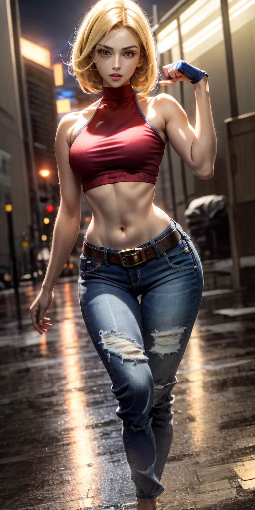 Blue Mary cosplay, melhor qualidade, (beleza), rosto garota 20 anos, rosto bonito, obra-prima, cropped vermelho, blusa vermelha, jeans with brown belt,  Physics-based rendering, ultra highres, cintura estreita, magro, olhos grandes, pernas longas, (seios pequenos), olhos inchados, noite, (cidade chuvosa), pele brilhante , de frente para o espectador, firm expression, realista, mulher, sexy,