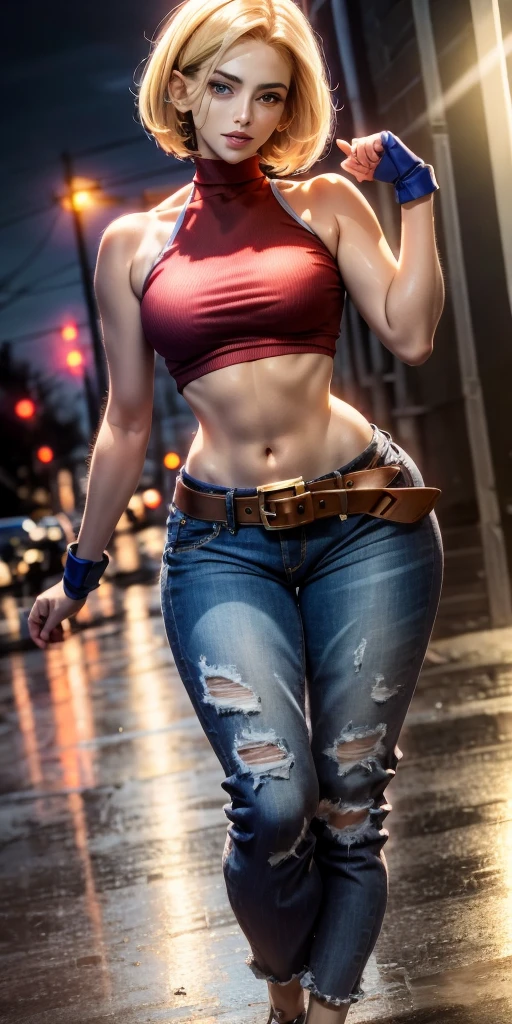 Blue Mary cosplay, melhor qualidade, (beleza), rosto garota 20 anos, rosto bonito, obra-prima, cropped vermelho, blusa vermelha, jeans with brown belt,  Physics-based rendering, ultra highres, cintura estreita, magro, olhos grandes, pernas longas, (seios pequenos), olhos inchados, noite, (cidade chuvosa), pele brilhante , de frente para o espectador, firm expression, realista, mulher, sexy,