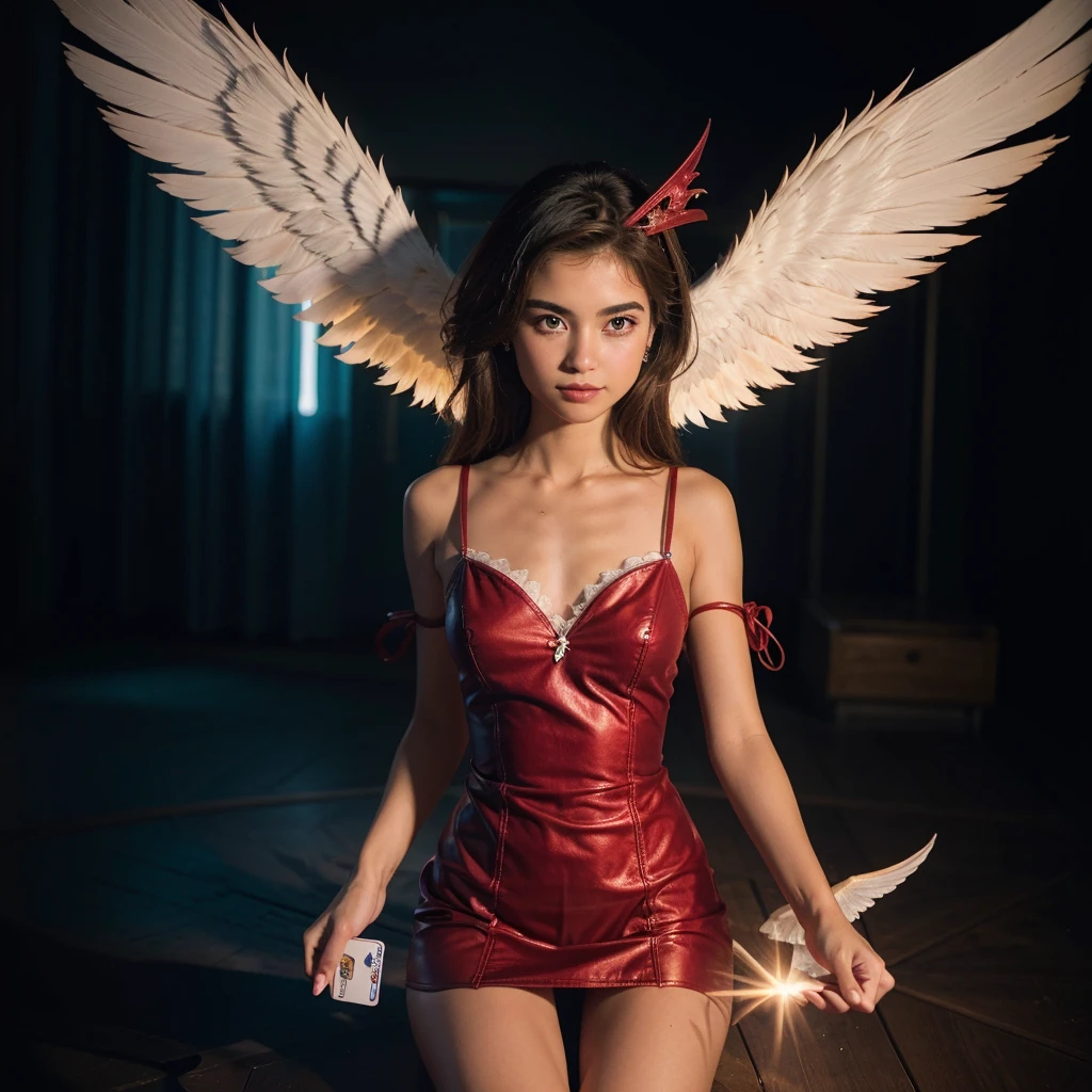 (8k, Foto RAW, melhor qualidade), (Realistic, photo-Realistic:1.37) Uma jovem loira com vestido branco com asas, ((the wing on the right is that of a devil and the wing on the left is that of an angel)), half angel half demon, symmetrically divided in half between angel and demon, hands hold a heart floating in the middle of the chest, ((YU-GI-OH! CARD CHANGE OF HEART)), ((A single person in the photo)), ((dualidade)), ((dualidade luz e trevas)) 