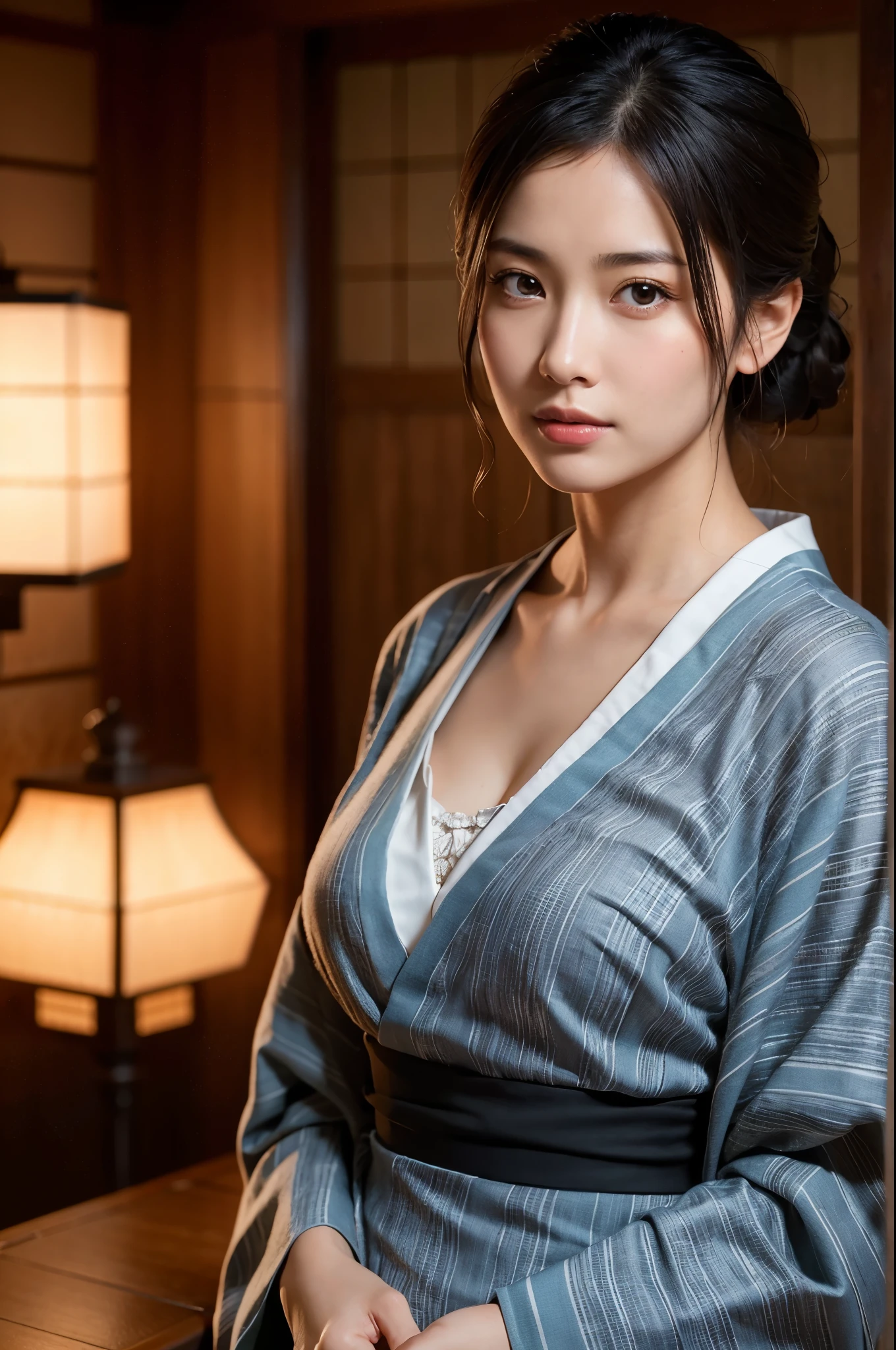 Highly detailed CG Unity 8k wallpaper, highest quality, masterpiece, (Realistic, photorealistic:1.4), ultra high res, (A beautiful Japanese Mature Woman in a Yukata with Monotone vertical stripes, solo), Inside a room in an old-fashioned Japanese onsen ryokan, portrait, Perfect feminine figure, Fascinating milf, Amazing beautiful face, bewitching Goddess, parted lips, glossy skin, cinematic composition, professional warm lighting and shading, ((extremely detailed eyes and face, eyes with beautiful details, insanely detailed beautiful realistic skin texture)), (correct body balance, accurate hands, accurate eyes)