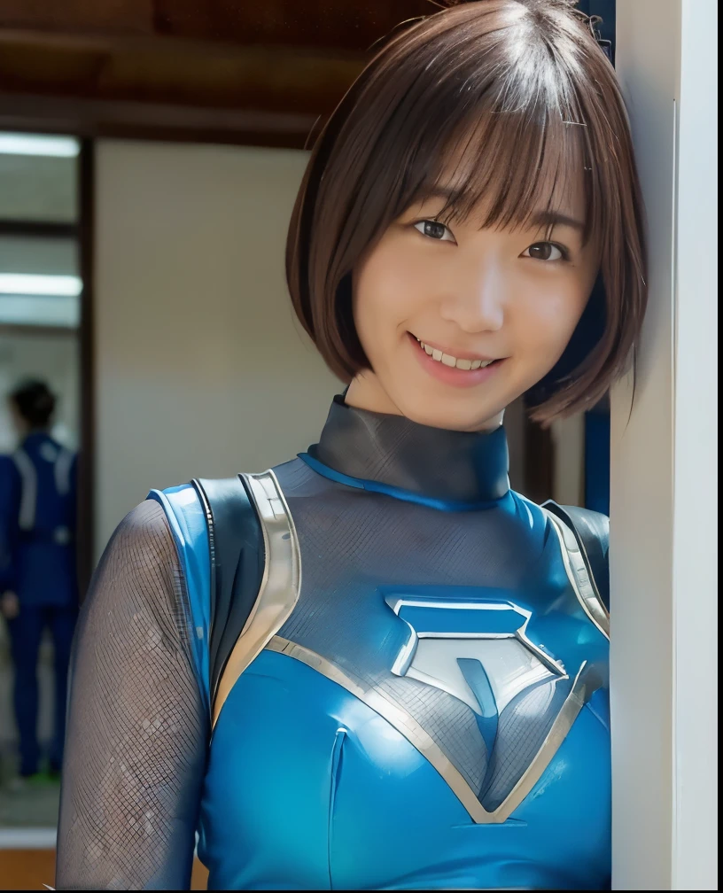 (moefive face, hurricane blue outfit, no helmet, ninpuu sentai hurricanger, belt, blue spandex tight costume, ultra best quality、8K、masterpiece、delicate illustration、wetting hair、 standing:1.2、full body Esbian:1.1、A beautiful and bewitching Japanese 25-year-old woman、Shocking blue metallic hero suit with a futuristic fit:1.3) 、（very plump body:1.2、ultra gigantic tits:1.4）、smiling at the viewer、Short dark-haired