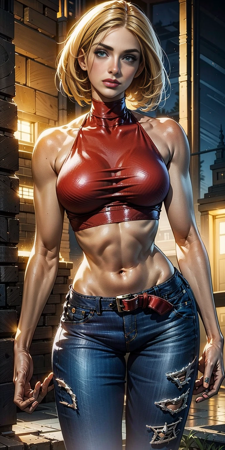 Blue Mary cosplay, melhor qualidade, (beleza), rosto garota 20 anos, rosto bonito, obra-prima, cropped vermelho, blusa vermelha, jeans with brown belt, Physics-based rendering, ultra highres, cintura estreita, magro, olhos grandes, pernas longas, (seios pequenos), olhos inchados, noite, (cidade chuvosa), pele brilhante , de frente para o espectador, firm expression, realista, mulher, sexy,

