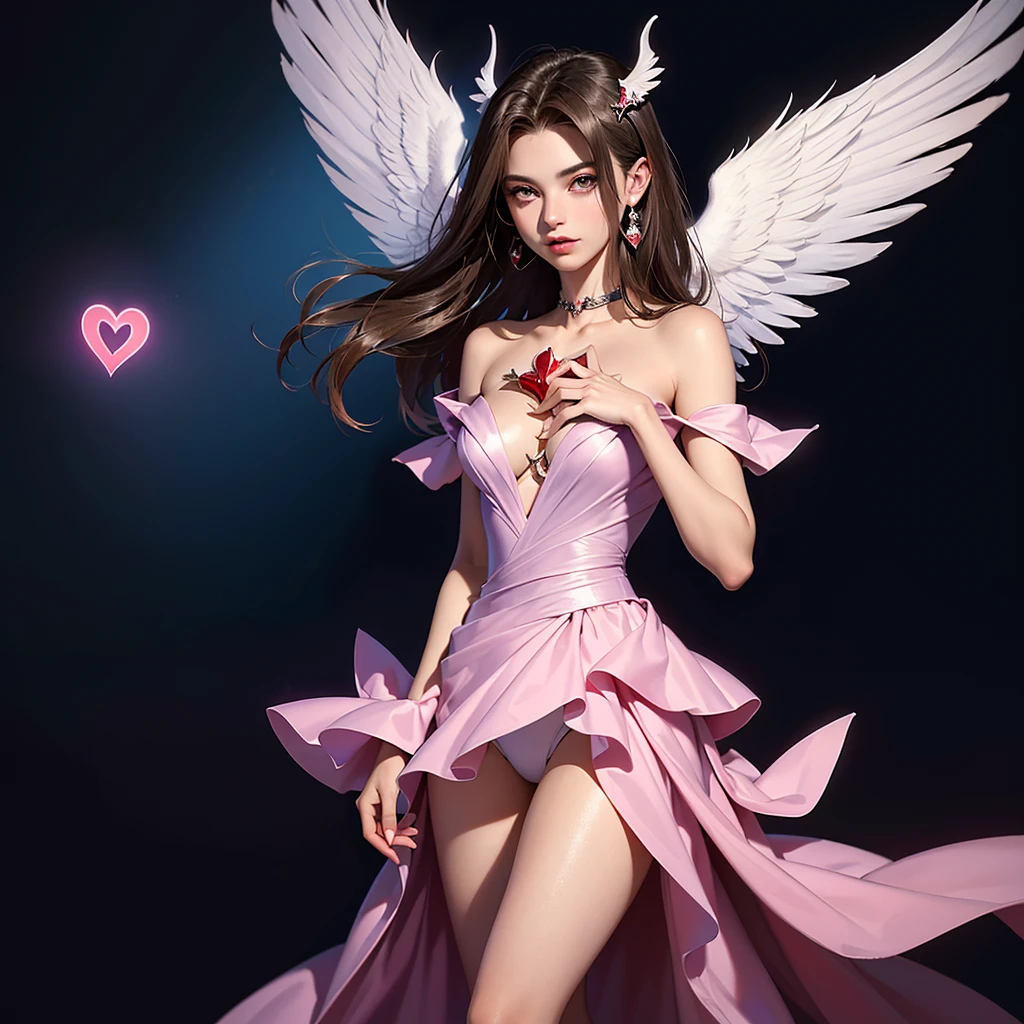 (8k, Foto RAW, melhor qualidade), (Realistic, photo-Realistic:1.37) ((ARTE SURREALISTA)), ((DARK FANTASY ART)), Uma jovem loira com vestido branco com asas, ((the wing on the right is that of a devil and the wing on the left is that of an angel)), half angel half demon, symmetrically divided in half between angel and demon, hands hold a heart floating in the middle of the chest, ((YU-GI-OH! CARD CHANGE OF HEART)), ((A single person in the photo)), ((dualidade)), ((dualidade luz e trevas))