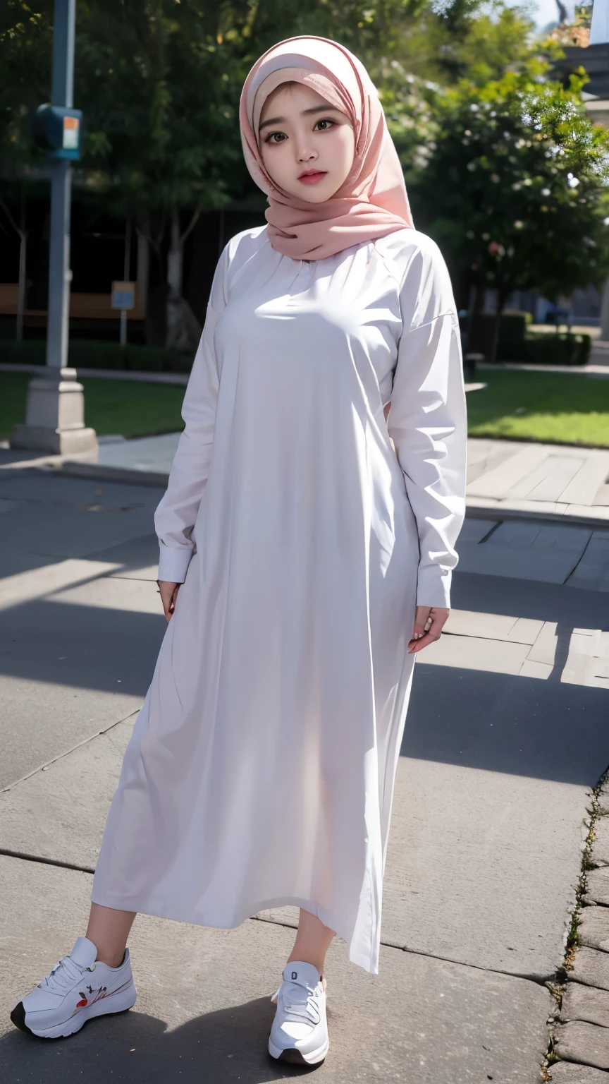 A woman in a white dress and a pink hijab stands on a sidewalk - SeaArt AI