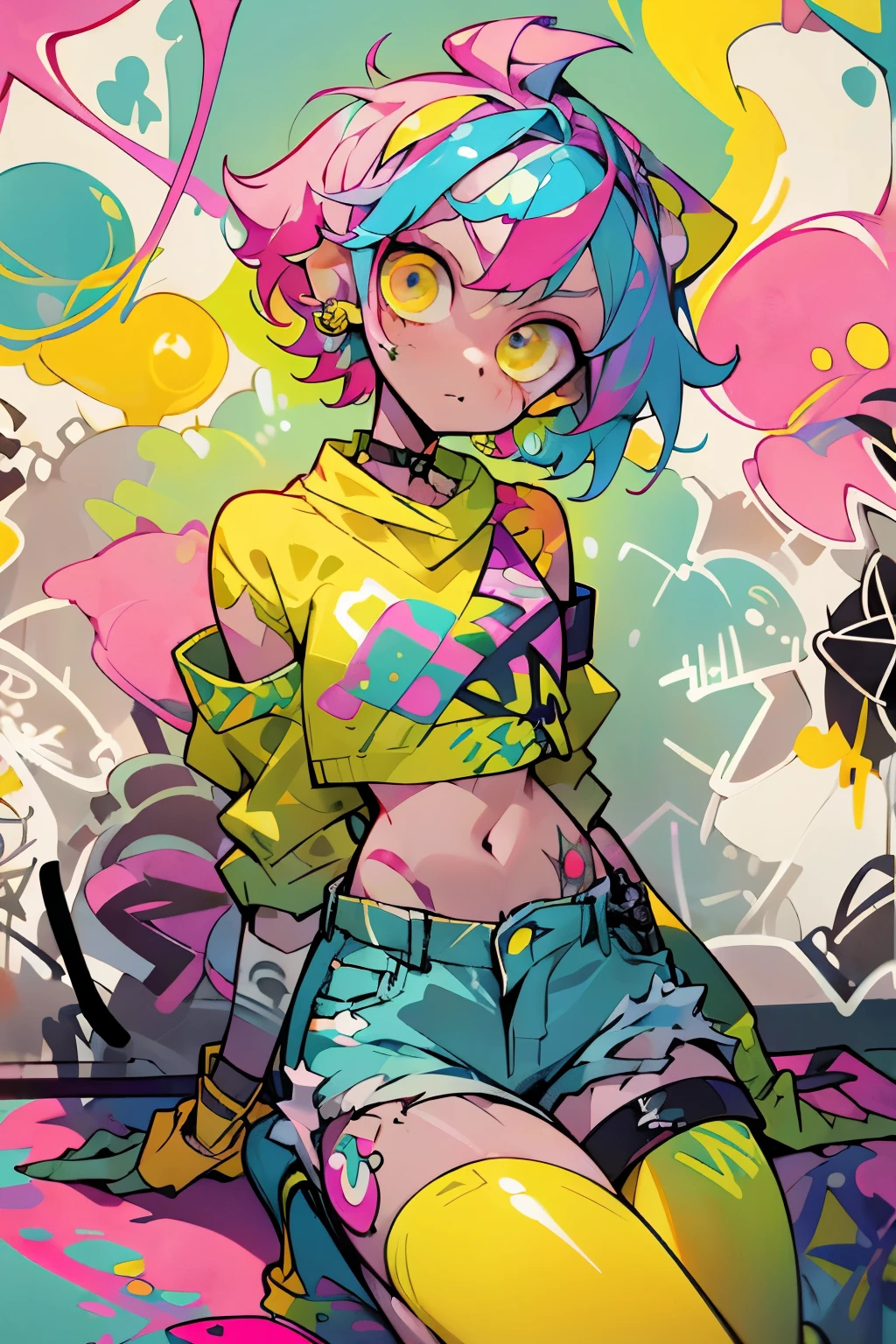 masterpiece, best quality, 1girl, solo, crop top, denim shorts, choker, (graffiti:1.5), paint splatter, arms behind back, against wall, looking at viewer, armband, thigh strap, paint on body, head tilt, bored, multicolored hair, yellow eyes, headset,non gender anime person in slim body with an outfit of yellow sweater with pink polkadot bubble design, and blue and green pants, psycho, cool straight pose, left crab arms, zooble, cool sit pose, pink short messy hair, abstract triangular shapes, clown vibe
