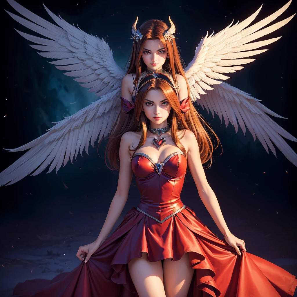 (8k, Foto RAW, melhor qualidade), (Realistic, photo-Realistic:1.37) ((ARTE SURREALISTA)), ((DARK FANTASY ART)), Uma jovem loira com vestido branco com asas, ((the wing on the right is that of a devil and the wing on the left is that of an angel)), half angel half demon, symmetrically divided in half between angel and demon, hands hold a heart floating in the middle of the chest, ((YU-GI-OH! CARD CHANGE OF HEART)), ((A single person in the photo)), ((dualidade)), ((dualidade luz e trevas)), ((DARK ANGEL)), ((DUAL FACE))