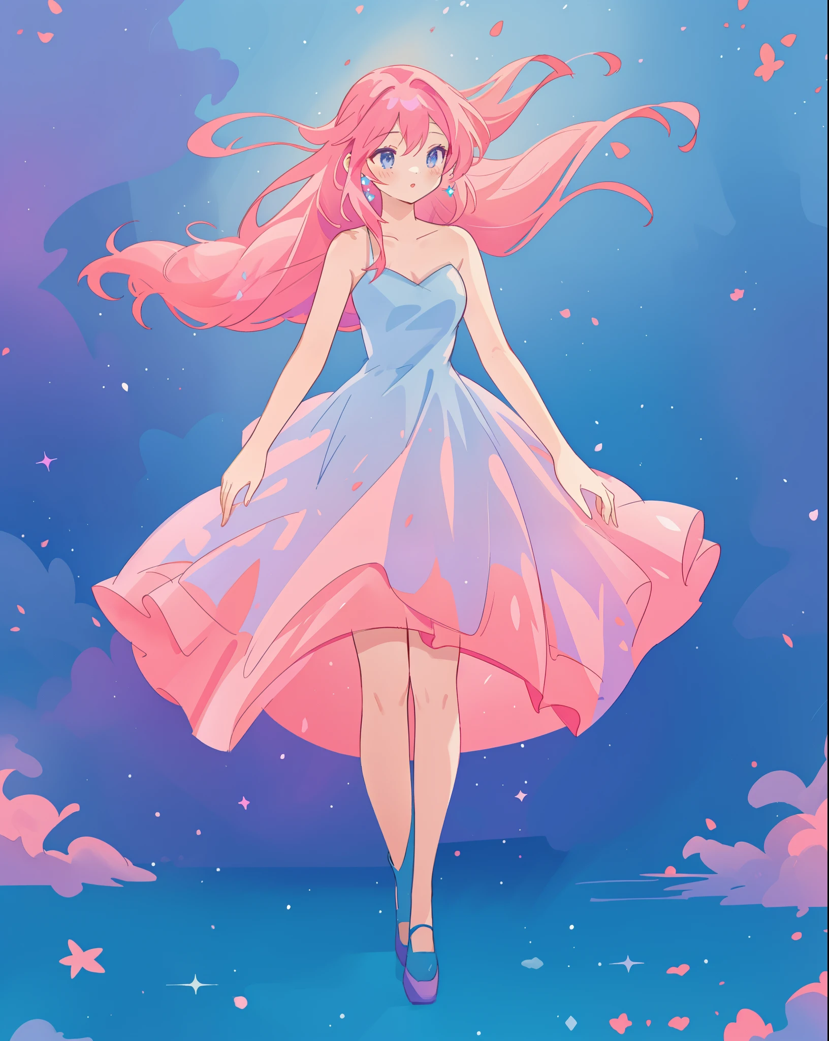 beautiful girl, gradient blue pink and purple ballgown, flowing pink red hair, otherworldly purples blues and greens landscape background, watercolor illustration, disney art style, glowing aura around her, flowing glowing hair, glowing flowing hair, fantasia otherworldly landscape, beautiful, masterpiece, best quality