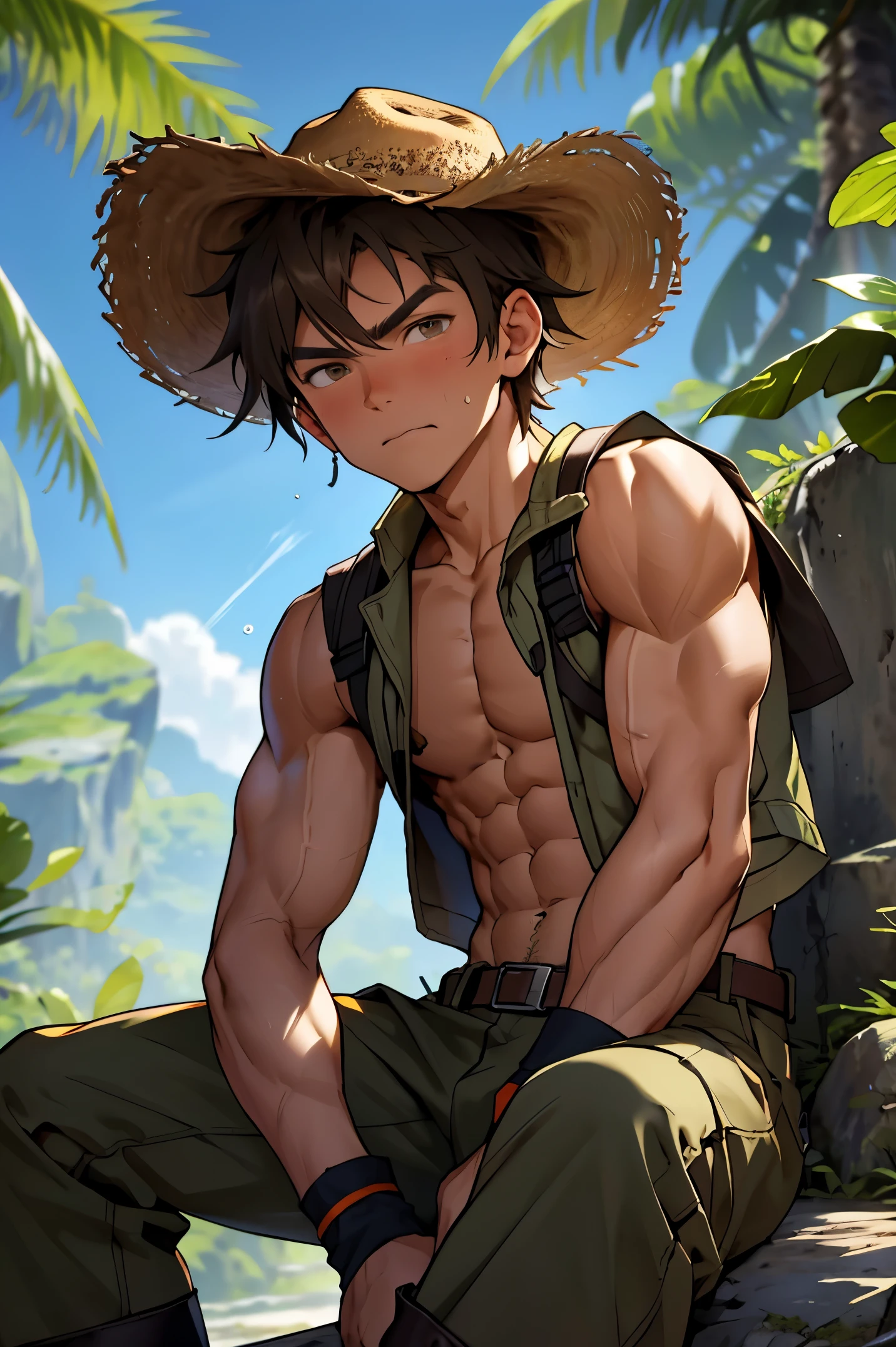 (masterpiece, Best quality 12 year old boy，Shota), 1 boy, young,lean muscles，Slightly modify the abdominal contour，lose weight，lean muscles feel, Short blonde hair, wearing a cowboy hat，brown eyes, complicated, Rainforest, Muscles sparkle in the sun，Topless，Wearing khaki adventure pants，outdoor adventure boots,pained expression，bite lip， bright colors,(depth of field:1.2),looking at the audience, sit on stone