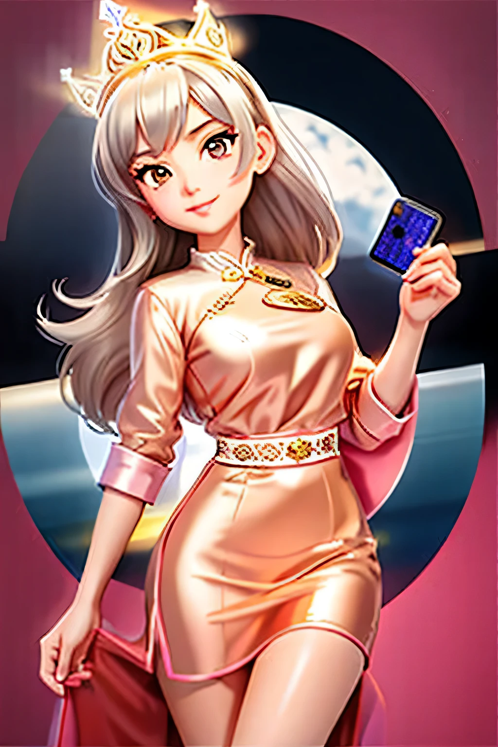 Close-up of a woman in a dress holding a mobile phone, extremely detailed artistic sprout, IG model | artistic sprout, artistic sprout jsc, ilya kuvshinov and artistic sprout, artistic sprout style, saiyan girl, range murata and artistic sprout, style artistic sprout, artistic sprout detailed