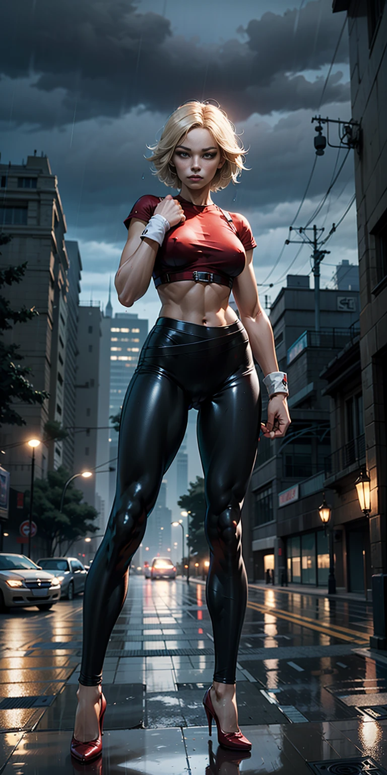 maryms,Best Quality,(beauty),masterpiece, 1girl,phisically-based render ,ultra highres,narrow waist, skinny,big eyes,long legs,(small breasts),puffy eyes, night,(rainy city), shiny skin, facing viewer, fighting stance, (make a fist),firm expression,
