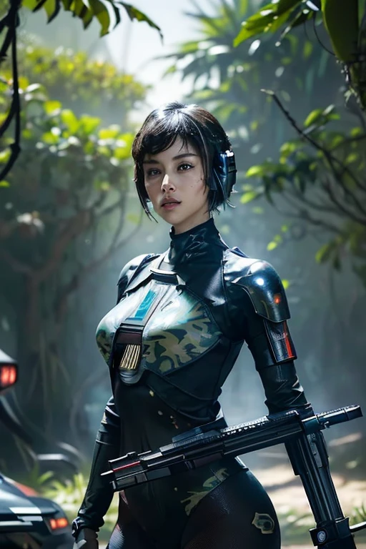 Extremely detailed CG unity 32K wallpaper, top quality, masterpiece, raw photo, photorealistic, highest resolution, professional photo, dynamic, cinematic lighting, (cyberpunk:1.4), sharp focus, depth of field, (perfect body, correct anatomy:1.5), intricately detailed face, POV, (from front:1.3), 1 girl, solo, cowboy shot, black hair, very short hair, ultra-realistic skin, bright and dark eyes, beautiful nose and lips, expressionless, (camouflaged, armored bodysuit:1.5), ((highly mechanized bodysuit:1.2)), ((perfect body proportion:1.4)), slender, medium breast, ((holding 1 large blaster rifle:1.5)), (((shooting the blaster rifle:1.2))), (((jungle, outdoor, noon, tropical area:1.4)))