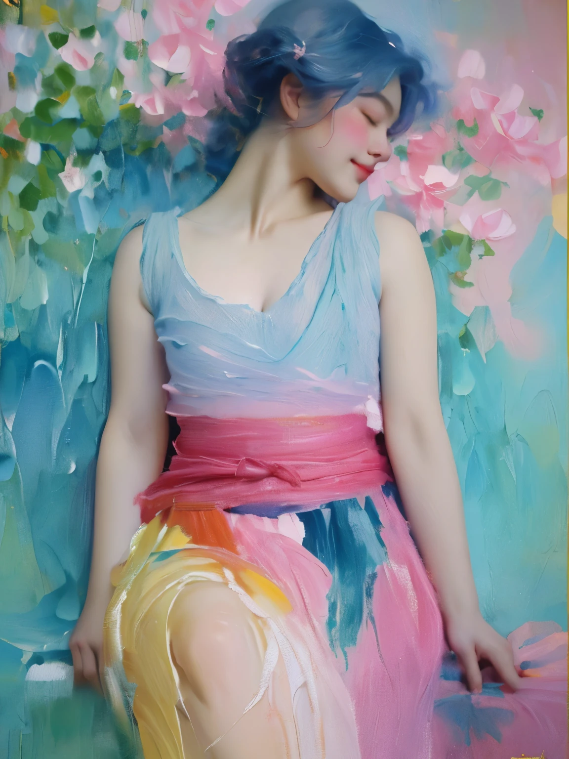 Cuerpo completo de una Composición calculada del cuadro.、El trabajo de Arianna andalas y flores.、(pintura al óleo:1.5), (NSFW:1.2), a woman alegrely twirling in the raining paint, lloviendo pintura, pintura gruesa cabello arcoiris, Cuerpo cubierto con pintura, alegre, ((SFW)), expresión facial tranquila, relajado, Sonrisa gentil, (ropa hecha de pintura liquida)), vista frontal, ((senos pequeños, relajado face, relajado shoulders)), ((pose dinámica)), detalles líquidos, anatomía correcta, ambos brazos visibles, ((de primera calidad, 8K)), (Realista), (enfoque facial: 1.1), (azul y rosa: 1.3), chica kawaii, cabello corto, Cabello ondeando al viento, Mirando hacia el lado, Mira tu cara, Ojos cerrados, (Sin mangas: 1.1)、falda, senos copa D, Innumerables pompas de jabón,