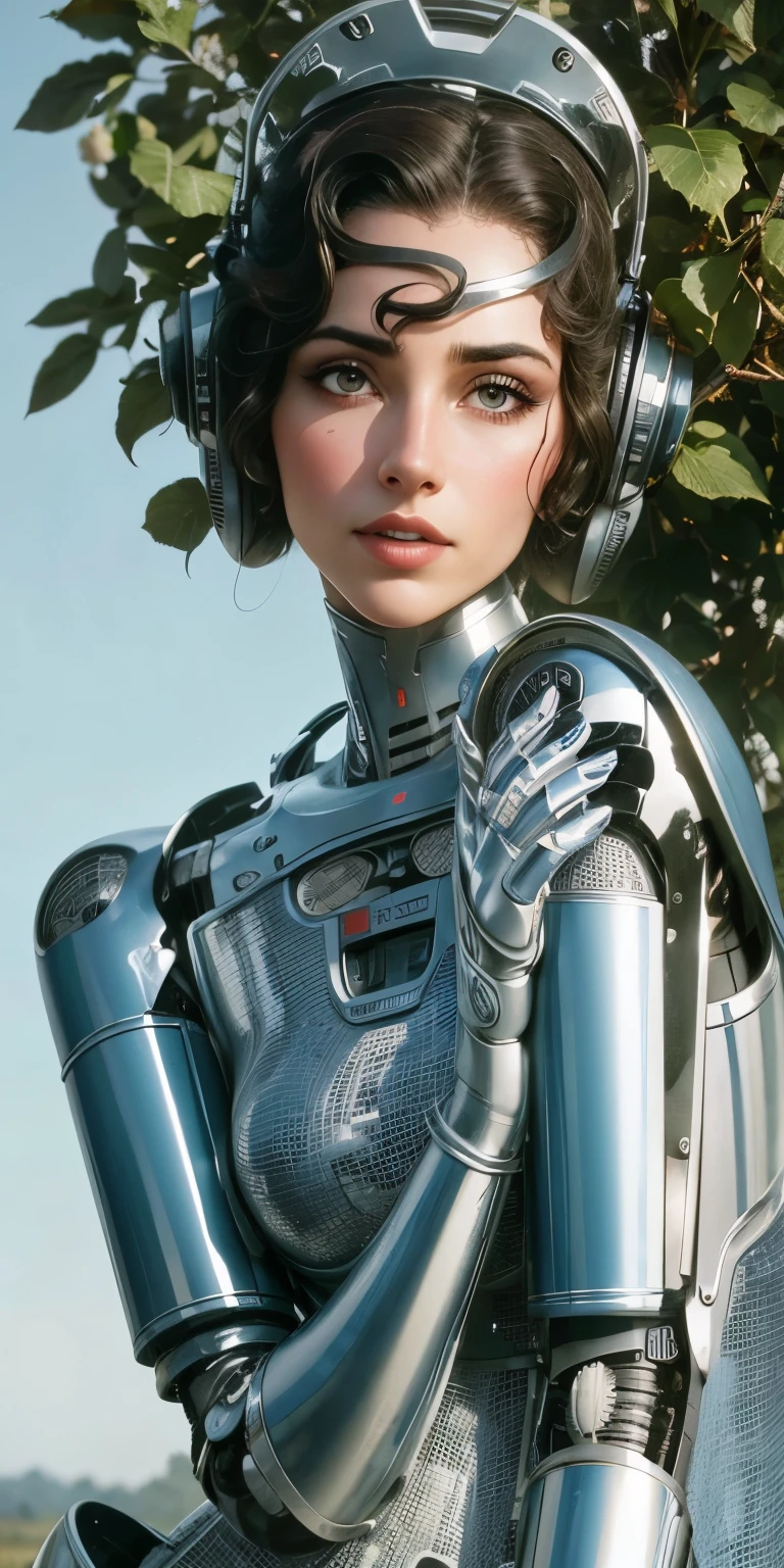красивая женщина-робот думает, стиль травы, стиль 50-х годов, цветной