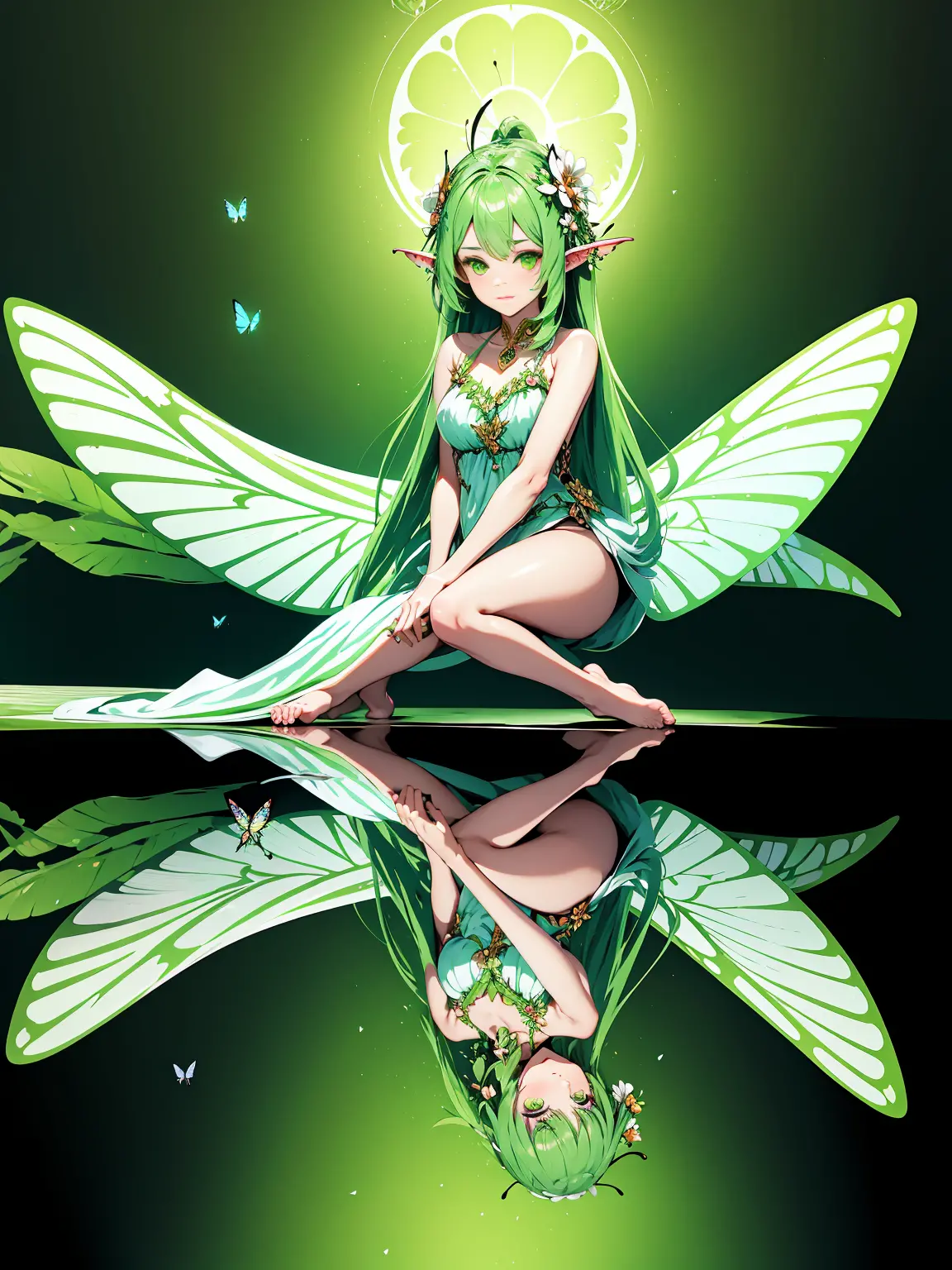 Niji style Lora, 1 girl, long hair, green hair, dress, black background, wing, flower, alone, butterfly, goblin wing, barefoot, ...