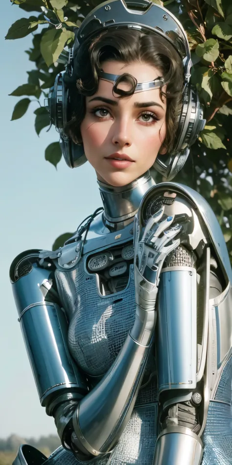 beautiful female robot thinking, herb ritts style, 50s style, colored