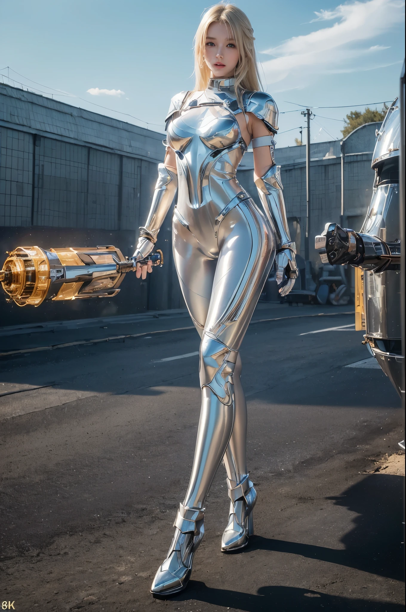 ((Best Quality, 8K, Masterpiece: 1.3)), 1girl (charming Russian model Nata Lee), light blonde hair, shiny skin, sharp, Perfect Body Beauty, realistic shaded perfect body, ("bodysuit ,transparent " :1.2), (machanical armor gloves:1.2), (mechanical armor leggins:1.2) ,big_breasts ,mechanical, thigh ,dynamic pose, no bra, wind, electricity, elaborate detail, battle field