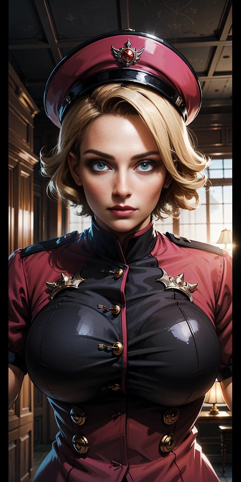 Best image quality, 4k, masterpiece, male, short hair, beautiful mature gentleness, light brown hair, light blue eyes, sharp eyes looking at the camera, face focus, delicate facial features, black uniform, white gloves hat, arms holding, artistic lighting, portraiture, face magnification, [elegant demeanor, dignified atmosphere and excellent posture that catches the eye + beautiful face + portrait painting effect]. pov hand, breast grab, big breast, female perfect face, full-body close-up, long twin drill hair, pink outfit, blonde, pettite female face, standing
