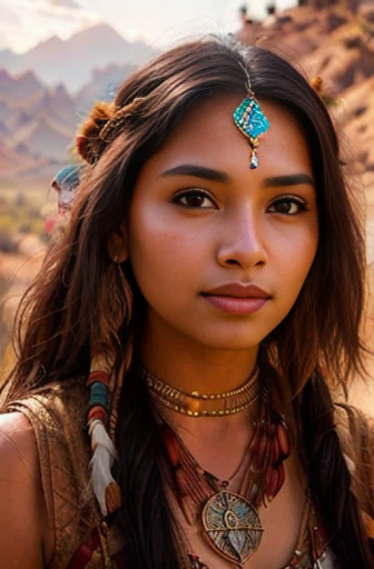 beautiful gorgeous glorious bollywood actress, desert background, in attractive tribal queen outfit, pretty face, beautiful glorious face, very fine face details, necklace, tribal queen crown, bright eyes, brown lipstick, thin nose, burgundy long wel arranged hair, nice legs, thick thigh, hourglass figure, perfect body, 4K details, ultra high resolution, skin fine details,