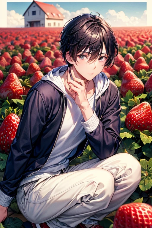 a handsome guy、strawberry picking、20代の男性、Silver short-haired、long sleeve、Vinyl house in strawberry field、High resolution、In 8K、sharp focus、zoom、with the best image quality