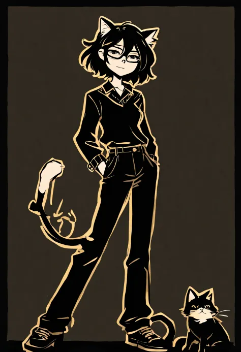 masterpiece, best quality, hires, high resolution, TCOAAL, white outline, bold outline, dark background, yellow eyes, black hair, 1girl, solo, monochrome:0.1, (white short-sleeved uniform:0.5), brown paper, smile, short black bob hair, yellow eyes, Round g...