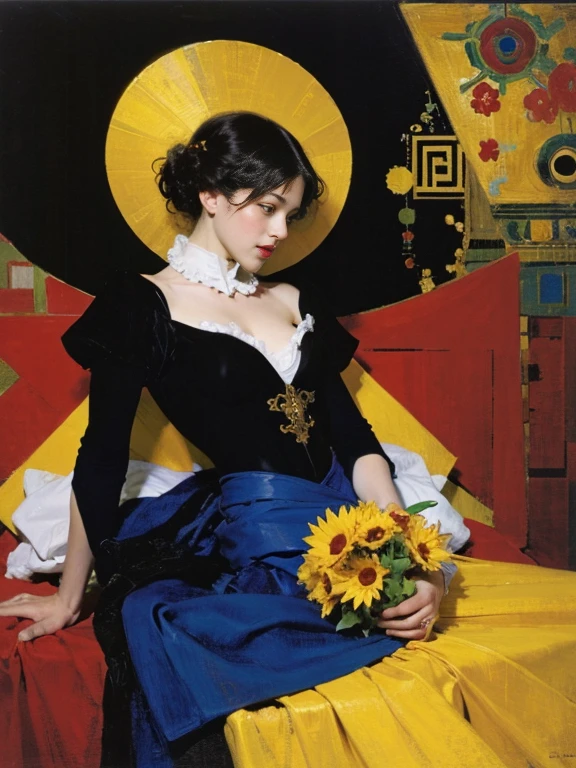 (masterpiece, top quality, best quality, official art, beautiful and aesthetic:1.2), (1girl), extreme detailed,(fractal art:1.3),colorful,highest detailed chiaroscuro technique on painting of a woman holding a bouquet of sunflowers in front of a golden background, hyperrealistic art nouveau, chie yoshii, andrey remnev, by Yamagata Hiro, mucha klimt and tom bagshaw, inspired by J. C. Leyendecker, inspired by J.C. Leyendecker, inspired by James C. Christensen